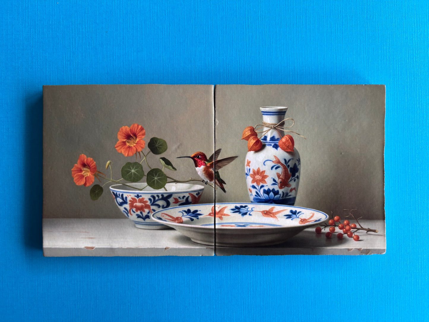 Tweeluik Kolibrie op oranje blauw servies