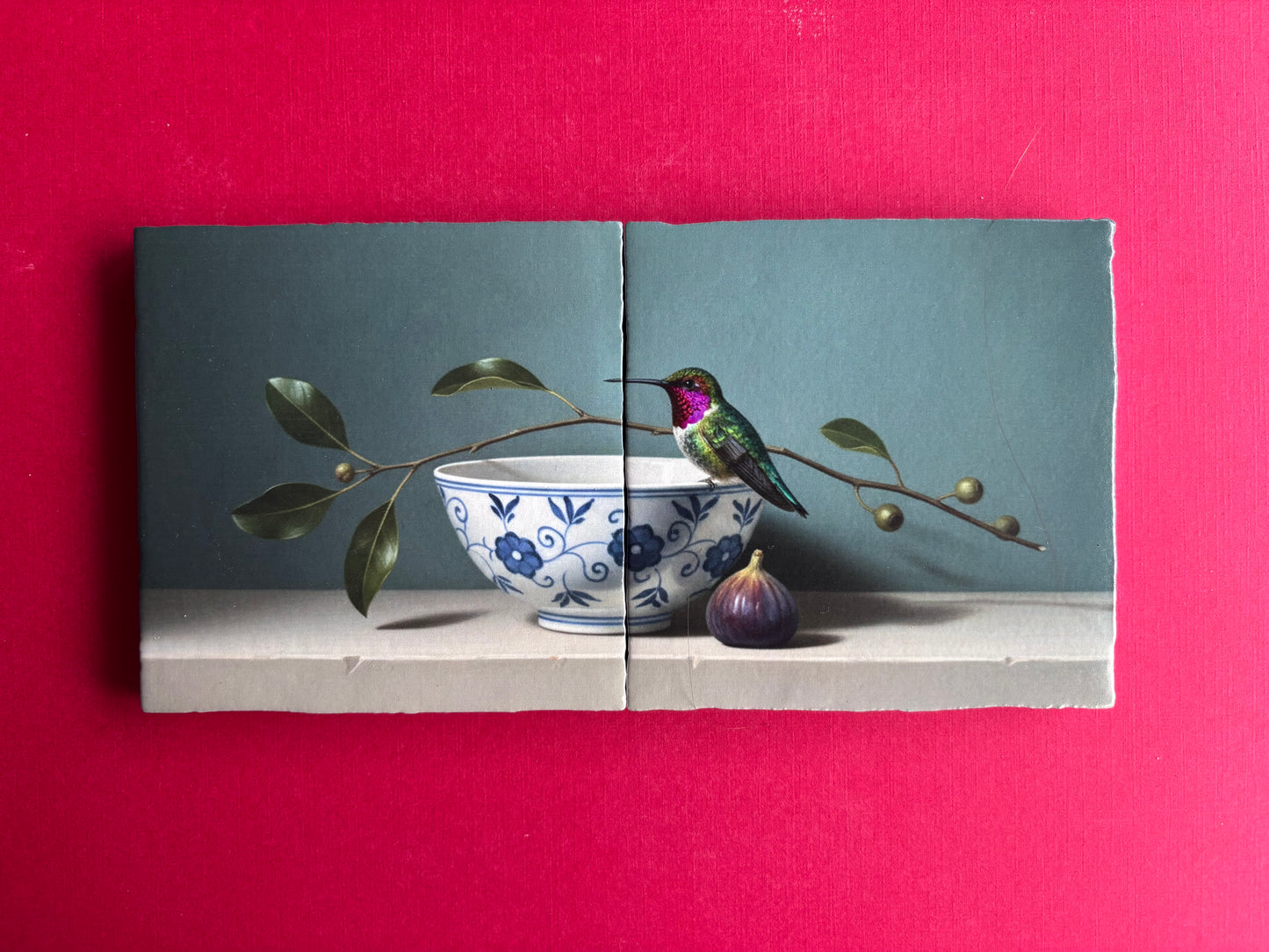 Tegel Tweeluik Kolibrie en Vijg | Kleurrijke Vogel Wanddecoratie