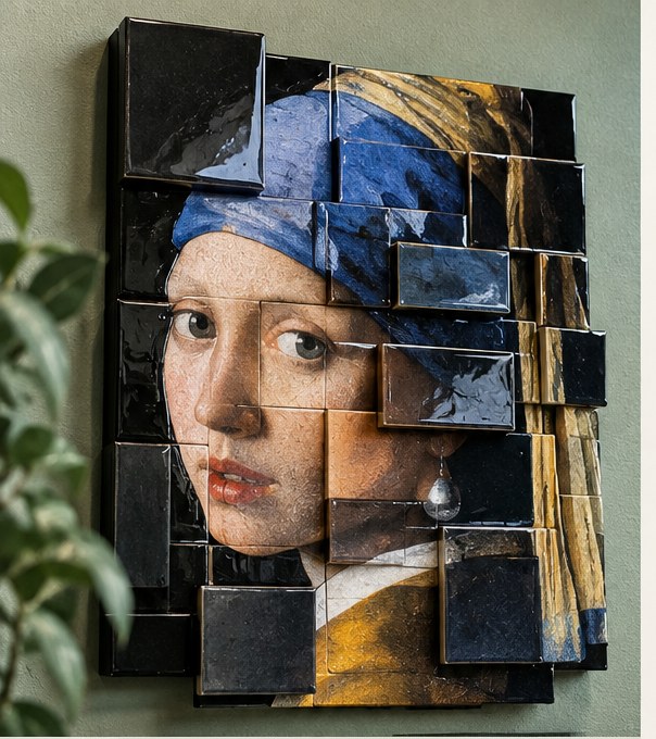 Gelaagd kunstwerk van keramische tegels naar Het meisje met de perla, in reliëf aan een groene wand
