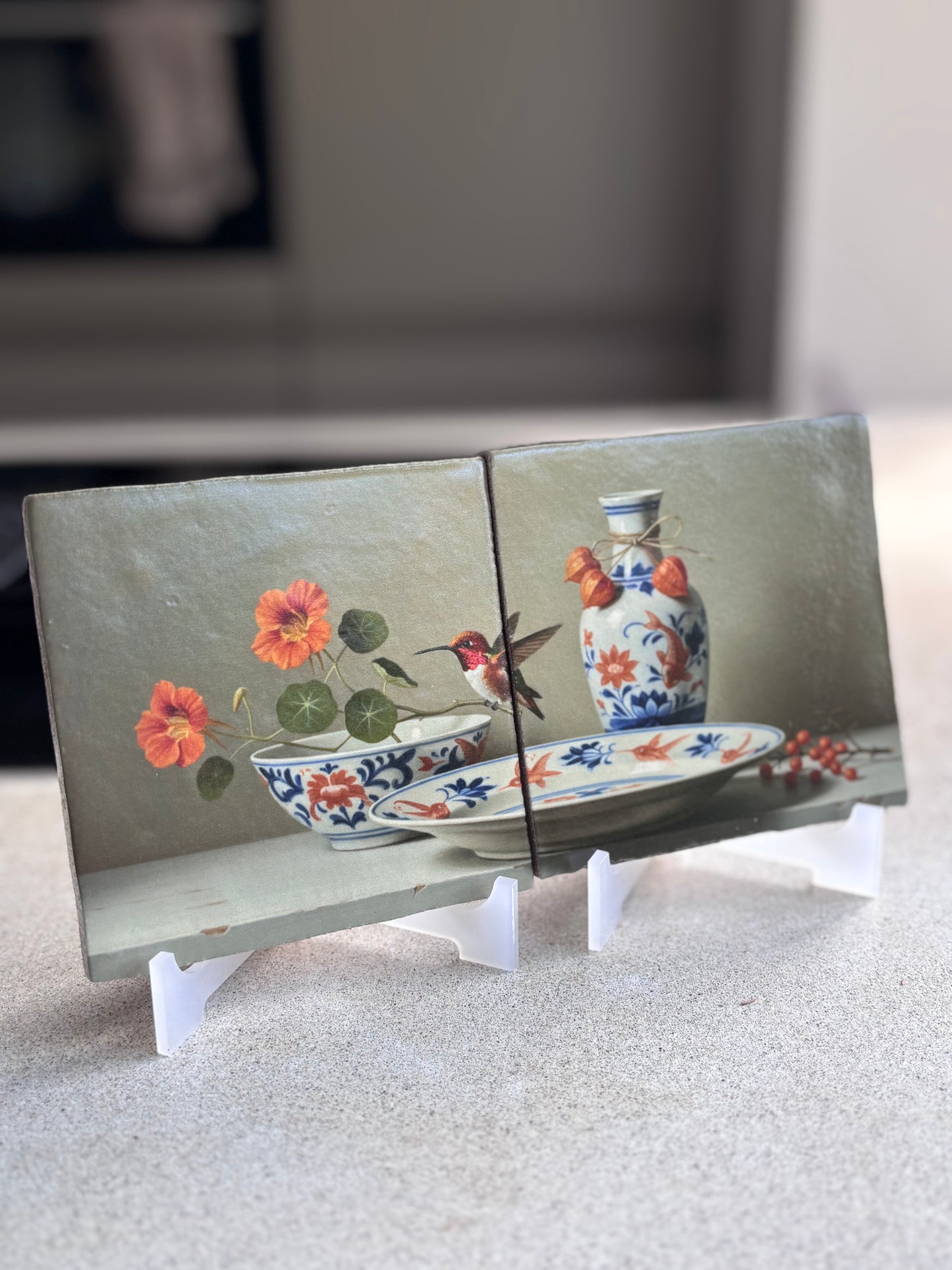 Tweeluik Kolibrie op oranje blauw servies