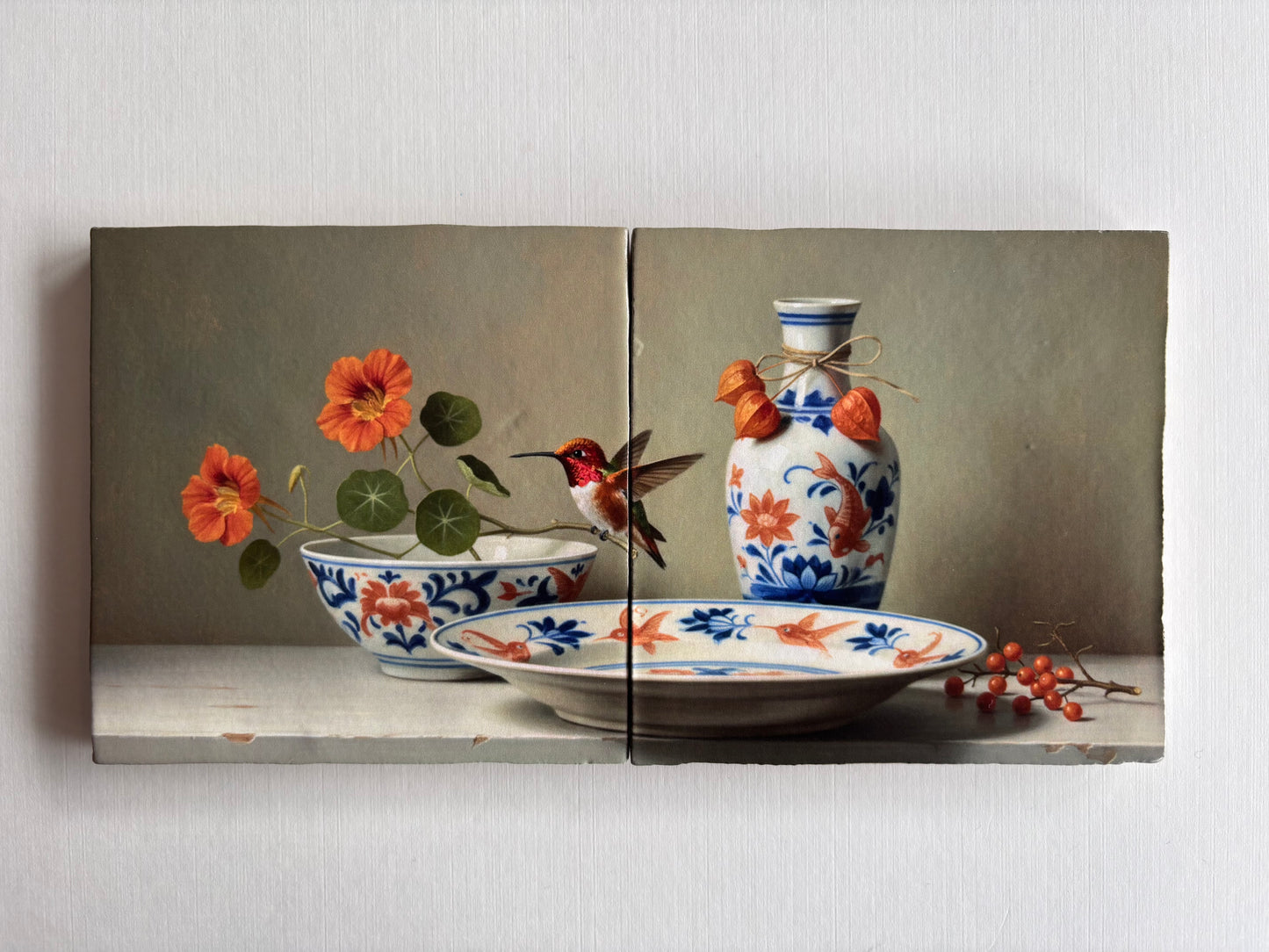 Tweeluik Kolibrie op oranje blauw servies