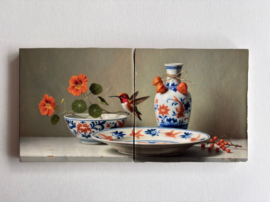 Tweeluik Kolibrie op oranje blauw servies