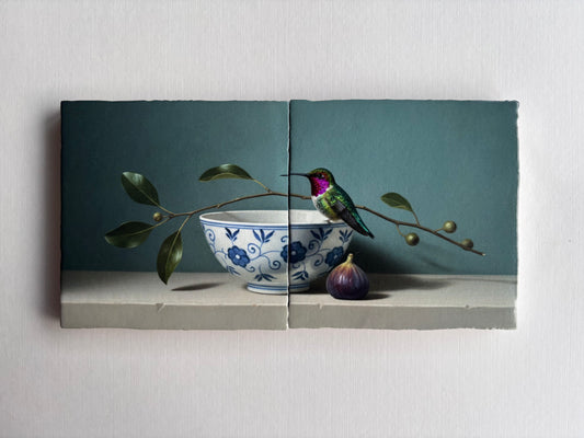 Tegel Tweeluik Kolibrie en Vijg | Kleurrijke Vogel Wanddecoratie