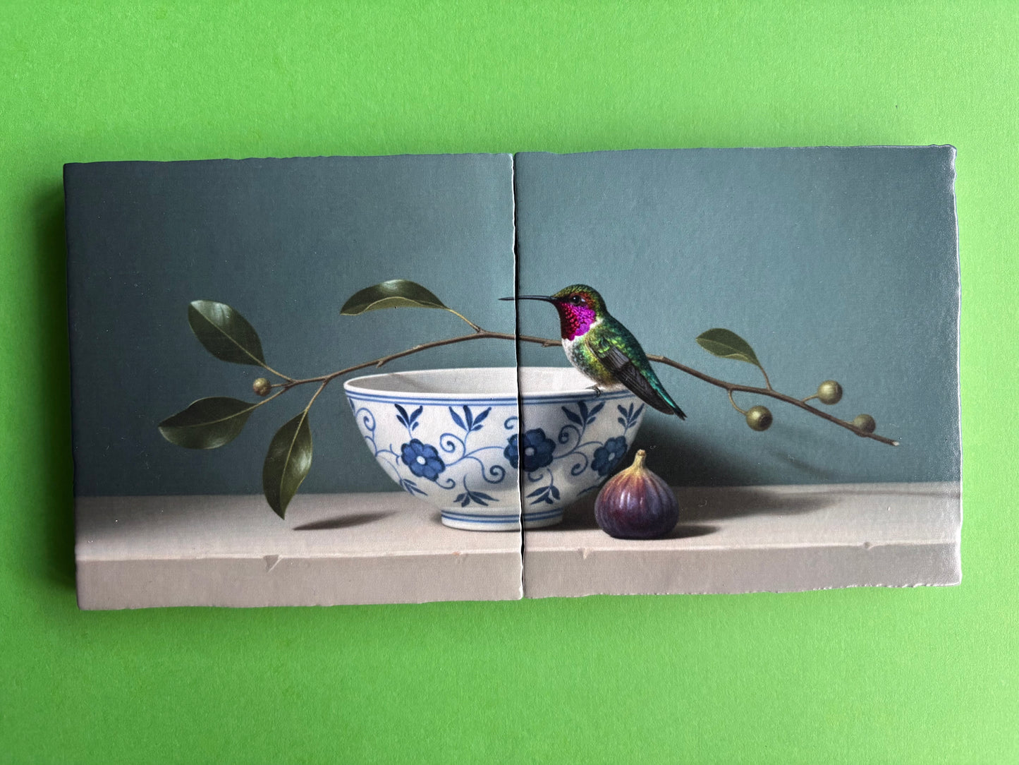 Tegel Tweeluik Kolibrie en Vijg | Kleurrijke Vogel Wanddecoratie