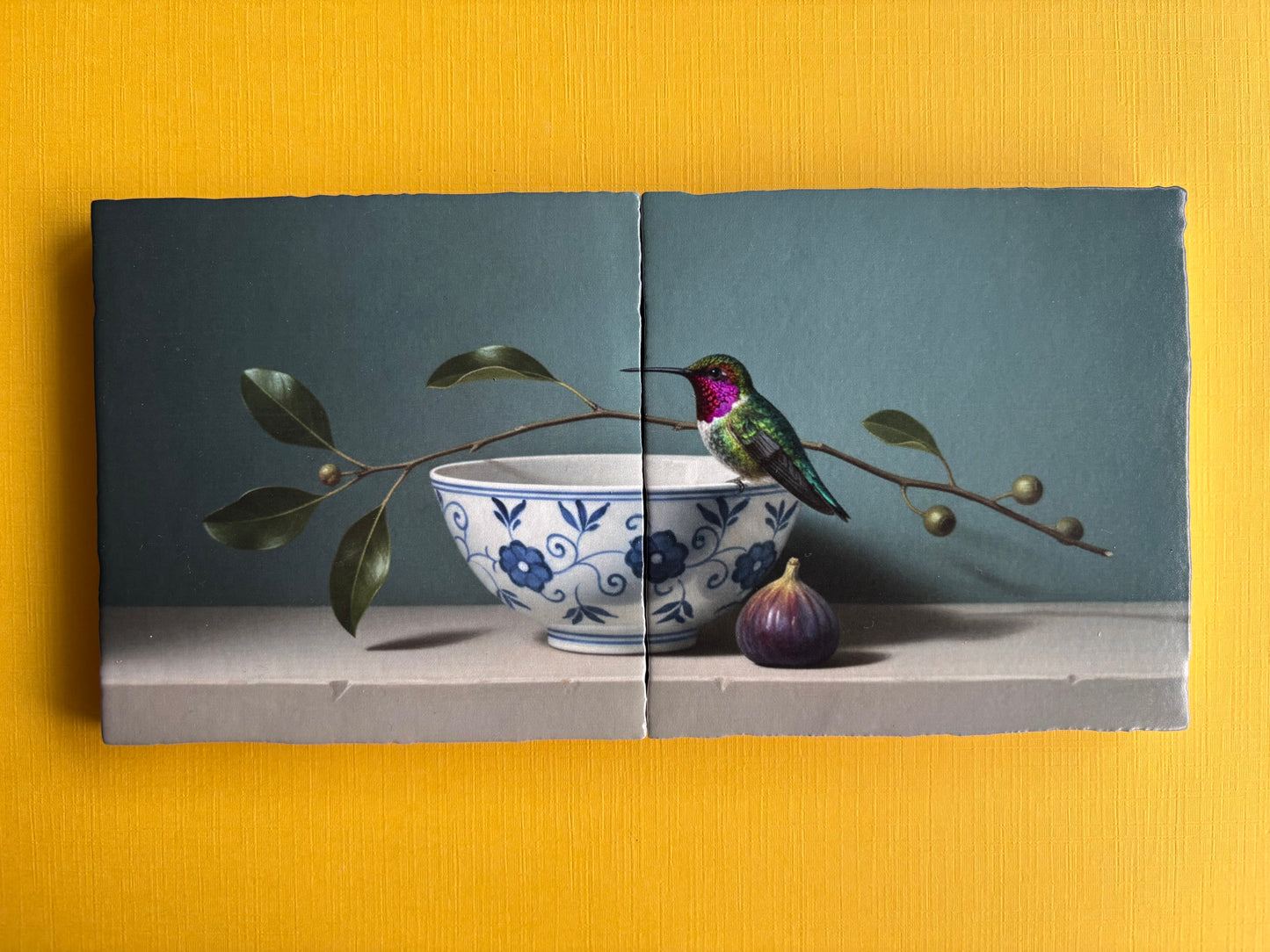Tegel Tweeluik Kolibrie en Vijg | Kleurrijke Vogel Wanddecoratie