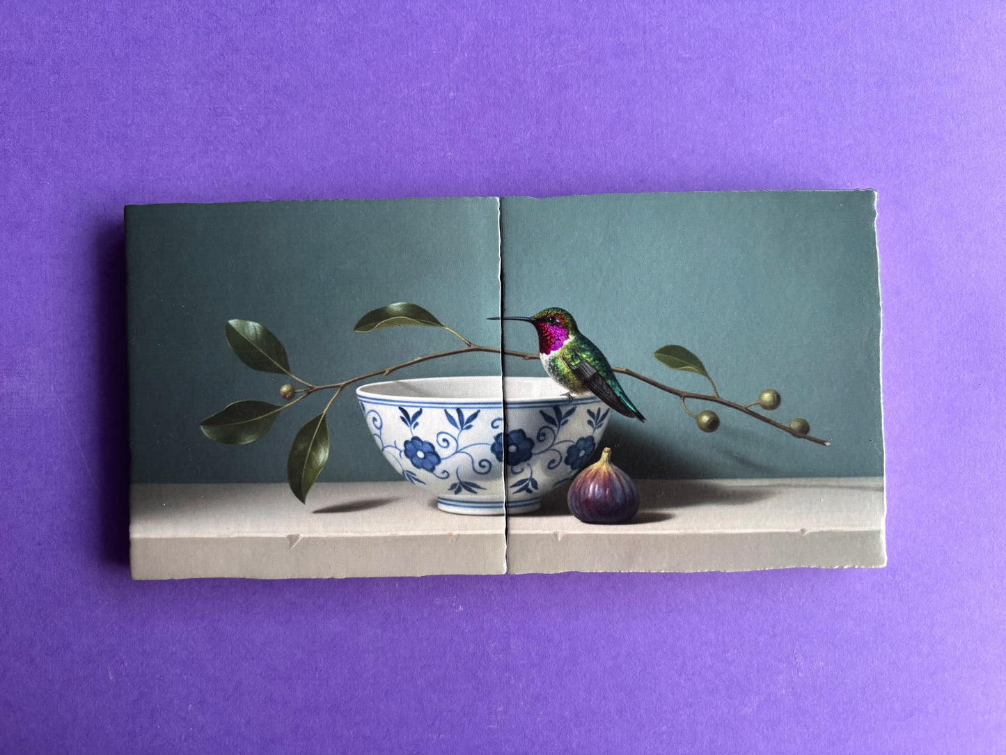 Tegel Tweeluik Kolibrie en Vijg | Kleurrijke Vogel Wanddecoratie